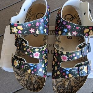 Black with multicolor flowers buckle strap sandals